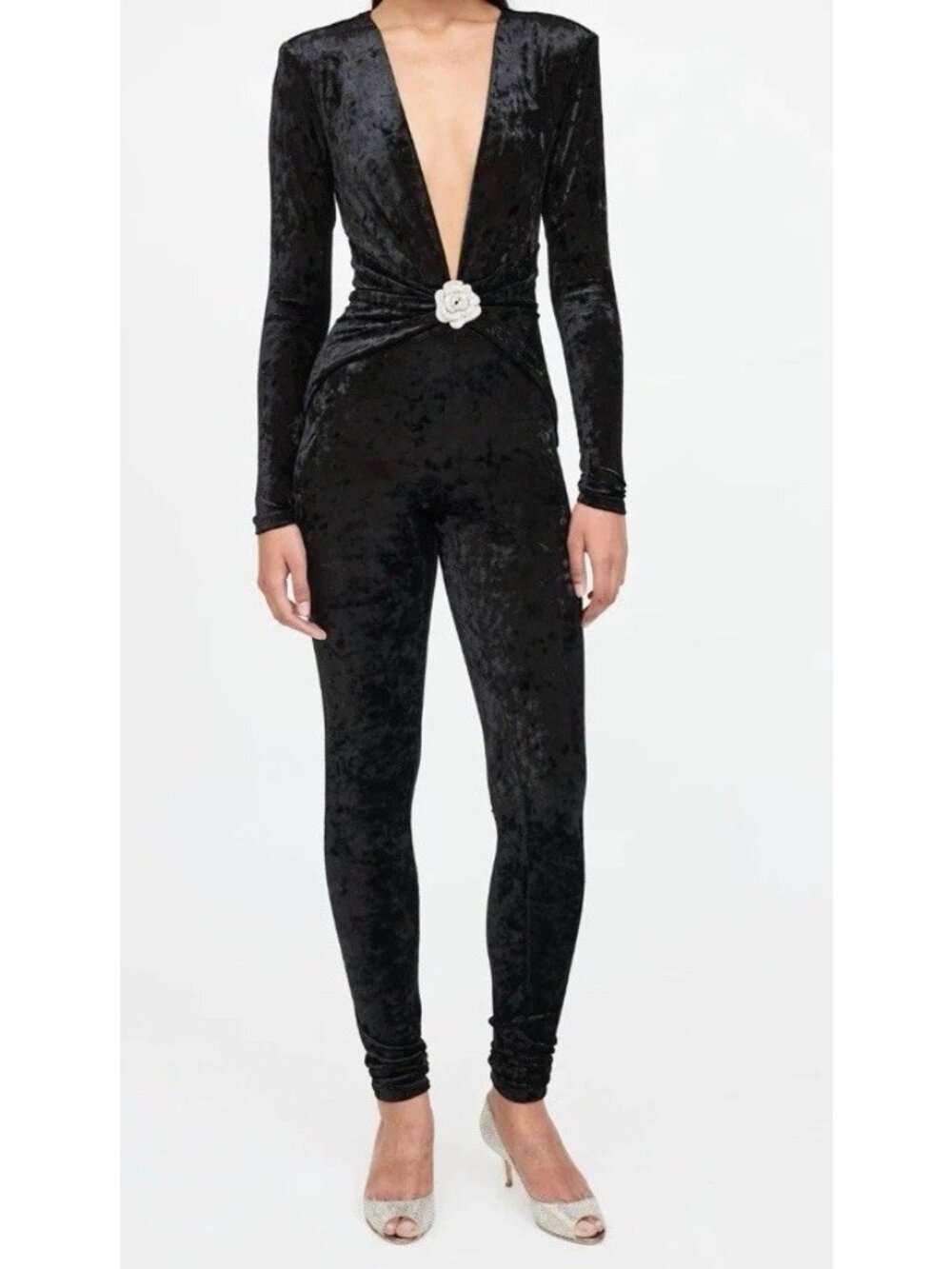 Ronny Kobo Rhoades Jumpsuit Crystal Brooch Detail Black Crushed Velvet Size XS